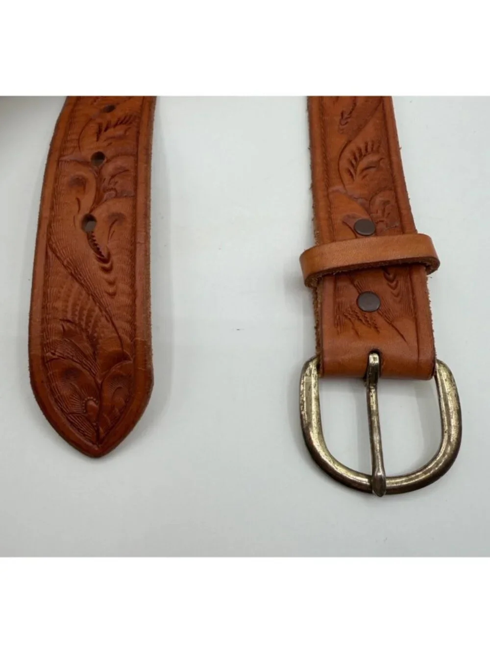 Vintage Brown Western Style Tooled Leather Name Belt JESSE Size 32